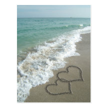 Two Sand Hearts on the Beach, Romantic Ocean Postcards