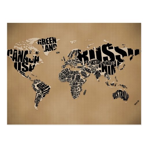Typographic World  Map Postcards