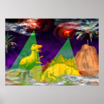 UFO beams up dinosaurs in green light Posters
