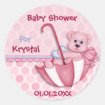 Umbrella Bear Pink Polka Dot Baby Shower Round Sticker