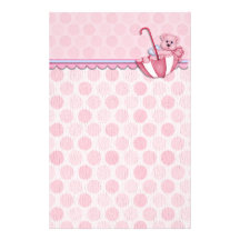 Umbrella Bear Pink Polka Dots Baby Customized Stationery