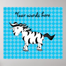Unicorn zebra on blue argyle posters