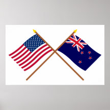 US and New Zealand Crossed Flags Print