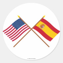US and Spain Crossed Flags Round Stickers
