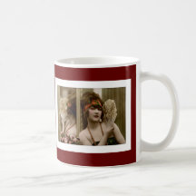 Victorian beauty with fan and reflection coffee mugs