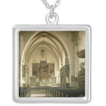 View of the interior of the church with custom necklace