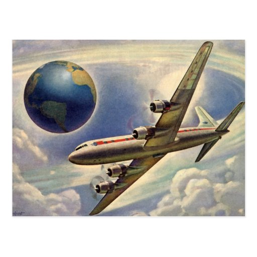 Vintage Aeroplane Flying Around the World in Cloud Postcards