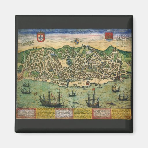 Vintage Antique Map; Town Plan of Lisbon, 1598 Magnet