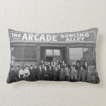 Vintage Arcade Bowling Alley and Patrons Throw Pillow