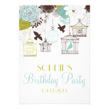 Vintage Birdcages & Flowers Birthday Invitations