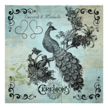 Vintage Blue Peacock Wedding Invitation