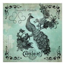Vintage Blue Peacock Wedding Invitation