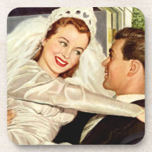 Vintage Bride and Groom; Happy Newlyweds Drink Coaster