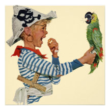 Vintage Child, Boy Playing Pirate with His Parrot Personalized Invitation