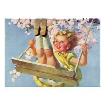 Vintage Child, Girl Swinging on Tree Swing, Spring Announcements