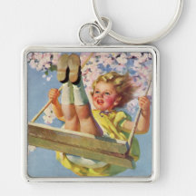 Vintage Child, Girl Swinging on Tree Swing, Spring Key Chains