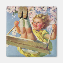 Vintage Child, Girl Swinging on Tree Swing, Spring Refrigerator Magnets