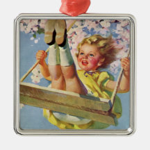 Vintage Child, Girl Swinging on Tree Swing, Spring Christmas Tree Ornaments