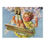 Vintage Child, Girl Swinging on Tree Swing, Spring Post Cards