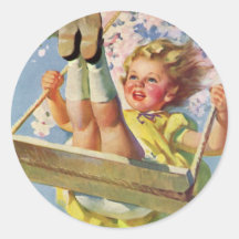 Vintage Child, Girl Swinging on Tree Swing, Spring Round Sticker