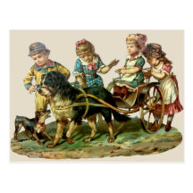 Vintage Children and Dog Wagon Post Card