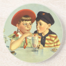 Vintage Children, Boy and Girl Sharing a Shake Beverage Coasters