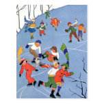 Vintage Christmas, Children Ice Skating on Pond Post Card