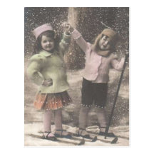 Vintage Christmas postcard-children on skis