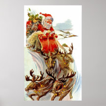Vintage Christmas Santa and Reindeer Sleigh Print