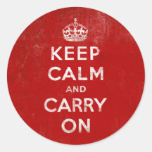 Vintage Deep Red Distressed Keep Calm and Carry On Round Sticker