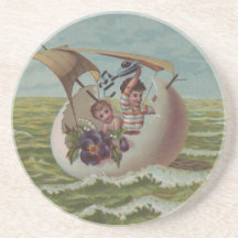 Vintage Easter Card Children Sailing Coasters