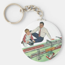 Vintage Father's Day, Dad and Son Play with Trains Keychain