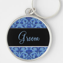 Vintage Florentine Damask (Blue) (Wedding) Key Chains