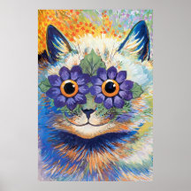 Vintage Flower Power Cat Art Poster Print