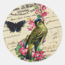 Vintage French Chic Spring Bird Collage Round Sticker