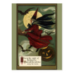 Vintage Halloween Witch Riding a Broom and Moon Postcards