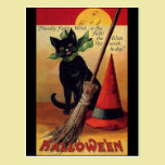 Vintage Halloween with a Black Cat, Broom and Hat postcards