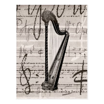 Vintage Harp and Antique Music Collage Customized Postcards