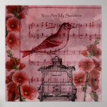 Vintage Hollyhock Song Bird Print