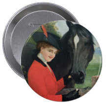 Vintage Horse Girl Red Coat Equestrian Sugar Cube Pinback Button