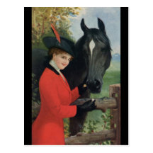 Vintage Horse Girl Red Coat Equestrian Sugar Cube Postcard