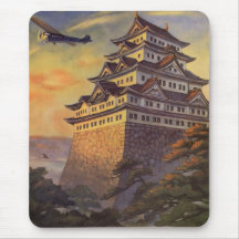 Vintage Japanese Travel Poster, Pagoda Aeroplane Mouse Mats