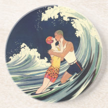 Vintage Love in the Surf; Romantic Kiss by Beach Drink Coasters