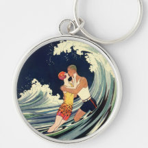 Vintage Love in the Surf; Romantic Kiss by Beach Keychain