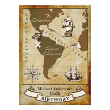 Vintage Map Pirate Birthday Party Invitations