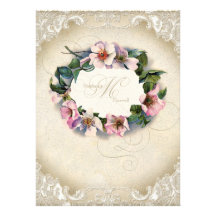 Vintage Monogram Lace Wild Pink Rose Swirl Formal Custom Invitations
