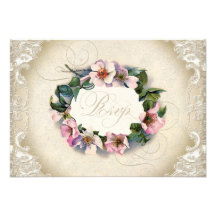 Vintage Monogram Lace Wild Pink Rose Swirl Formal Invite
