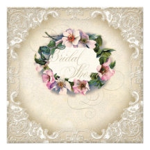 Vintage Monogram Lace Wild Pink Rose Swirl Formal Invitation