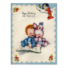 Vintage One Year Old Boys Birthday Postcard