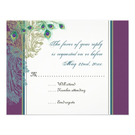 Vintage Peacock, Feathers  RSVP response card Personalized Invitations
